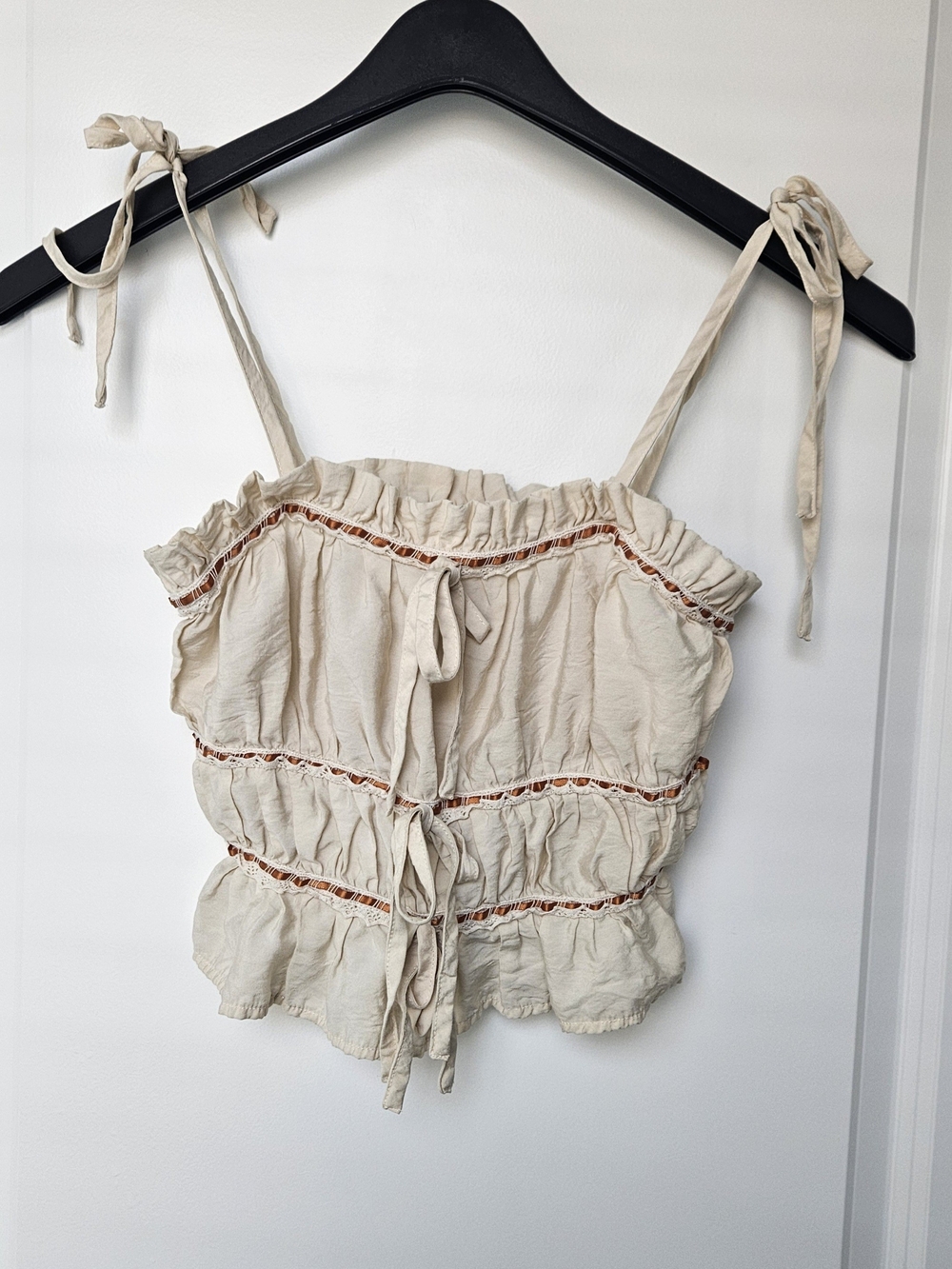Tie-Shoulder Cream Ruffle Camisole Top